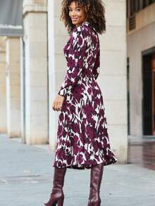 Women's Long-Sleeved Maxi Dress, Autumn-Winter, Printed, Button-Down With Knot/Twist Design, Slim And Flattering Fit, Casual And Elegant Style, Perfect For Day And Night - 紫色 - 查看 4