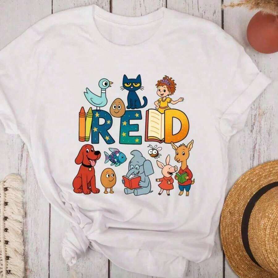 GiftGiftGiftGiftComfort Colots Teacher T-Shirt With Book Print For Kids, Oversized Graphic Tees For Women, Book Lover T-Shirt, Teacher T-Shirt, Elementary School Teacher T-Shirt, Kindergarten T-Shirt, Summer T-Shirts And Tops For Women, Pure Cotton Short Sleeve Crew Neck Urban Style T-Shirt, Soft. Soft - 白色 013 - 查看 1