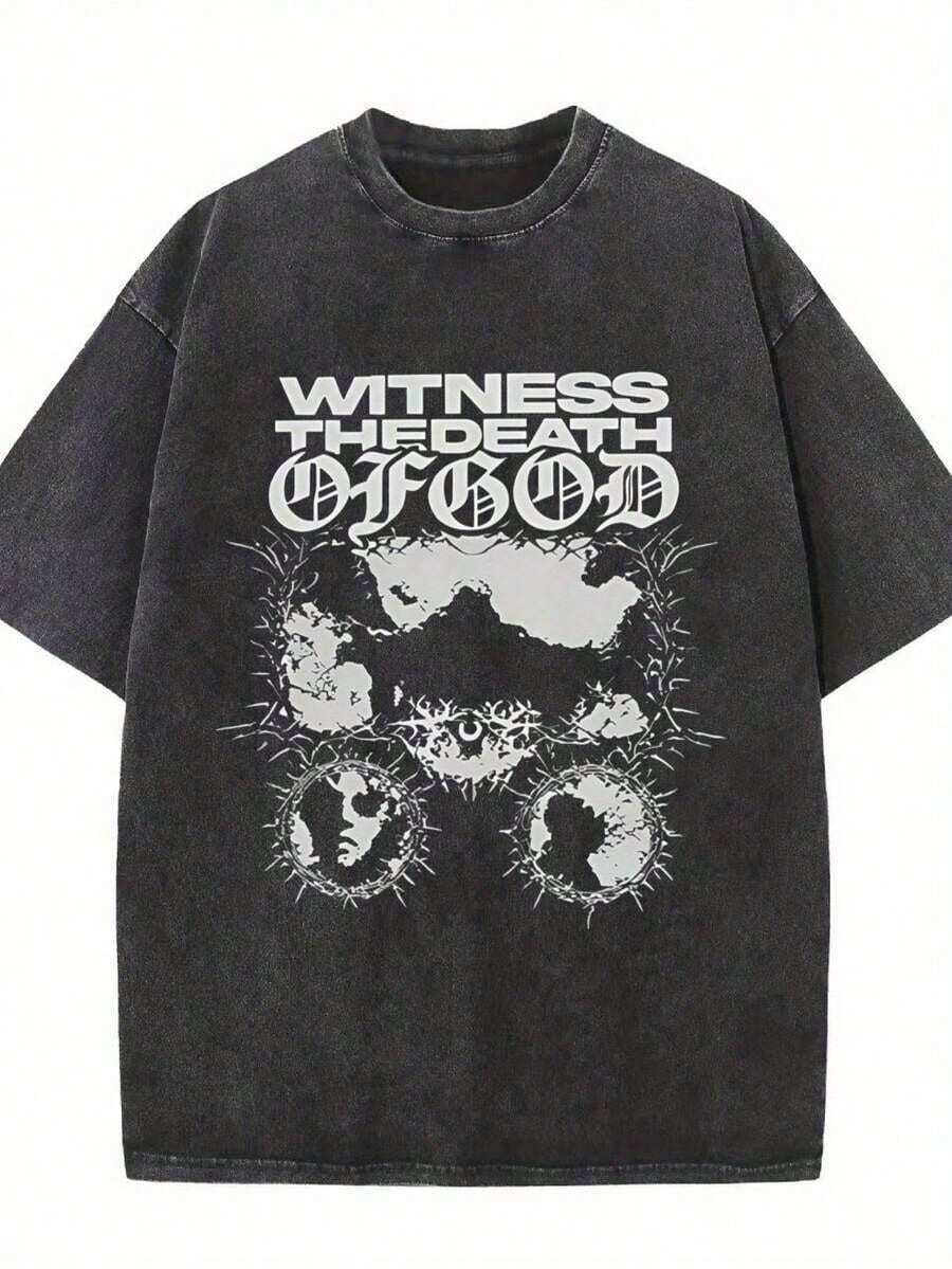 Camiseta de manga corta estampada de algodón lavado de 230 g, colección Verano 2026|   Camiseta de manga corta estilo retro americano, holgada, de hombros caídos, estilo para parejas, de algodón pesado lavado y desgastado para verano. - Negro - Ver 1