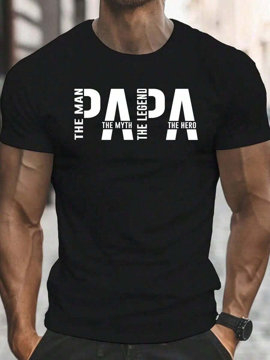 Camiseta Gráfica "Para Hombre.El mito.La Leyenda.Papá" - , Ligera y Transpirable de 180gsm, Manga Corta Cuello Redondo Retro Regalo de Cumpleaños del Padre, Ropa Casual de Verano - Negro - Ver 1