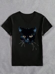Casual Short-Sleeved T-Shirt With A Stylish And Simple 3D Cartoon Black Cat Print, Breathable And Sporty, New Women's Short-Sleeved Blouse - 黑色 - 查看 3