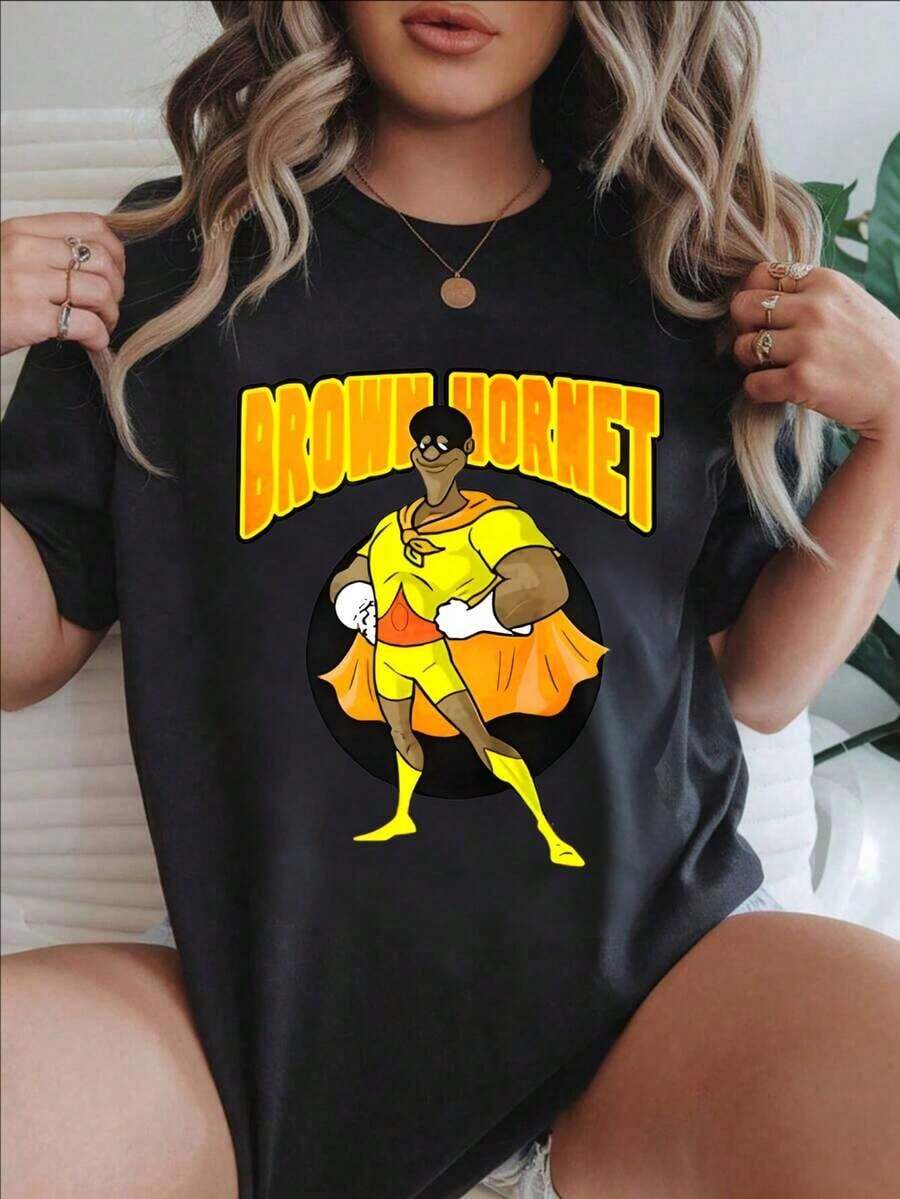 Women's Casual Short Sleeve T-Shirt - Brown Hornet Superhero Character With Yellow Suit, Crew Neck, Summer Top, Machine Washable, Ladies' T-Shirts, Casual Wear, Modern Style, Comfortable Fit
-White - 黑色 - 查看 1