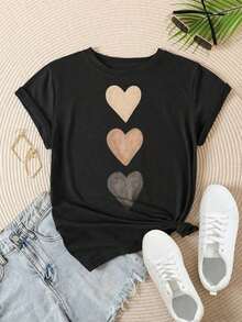 Women's Casual Short Sleeve T-Shirt - Vertical Print Of Three Wooden Hearts, Round Neck, Summer Top, Machine Washable, Ladies' T-Shirts, Casual Wear, Modern Style, Comfortable Fit

-White - 黑色 - 查看 2
