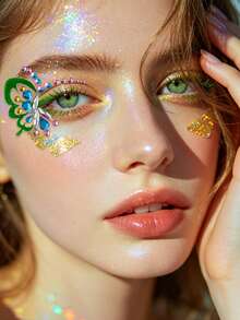 1 pieza Pegatina de media luna con mariposa y cristales de estrás, joya facial autoadhesiva, pegatina de maquillaje para escenario, adecuada para uso diario, festivales y fiestas para realzar la sofisticación del maquillaje - Multicolor - Ver 4