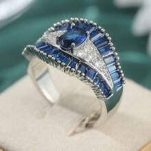 Luxury Retro Wide Band Ring, Blue & White Synthetic Cubic Zirconia Inlaid, Couple's Versatile Design, Suitable For Daily, Holiday, Party Wear - Silver - View 10