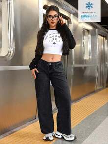 PETITE Pantalones vaqueros casuales de pierna ancha y bolsillos sueltos para mujer - Negro 2 - Ver 3