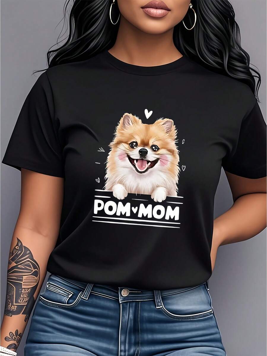 Women's Pure Cotton T-Shirt, Women's Pure Cotton T-Shirt, Light Gray T-Shirt With Pomeranian Design For Pet Lovers - "POM MOM" Print, Short Sleeve, Soft And Comfortable For Everyday Wear, Machine Washable Gift For Pet Moms, Casual Dog Themed Style Suitable For All Seasons. - 黑色 - 查看 1
