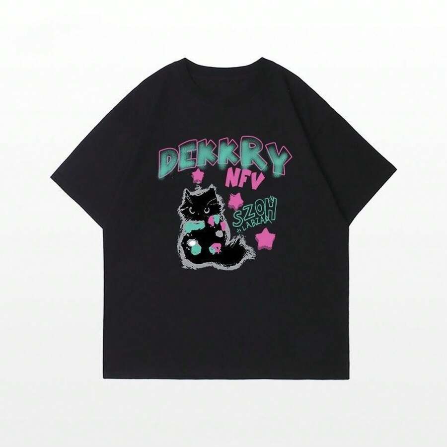 Camiseta de manga corta estampada 100% algodón puro, nuevo diseño de verano, corte holgado, camiseta versátil para uso casual. - Camisa negra de manga corta [DEKK Black Cat] - Ver 1