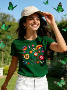 Soft 100% Cotton T-Shirt, With Mexican Style Floral Print And Lettering, Short Sleeves And Round Neck, Casual Women's Clothing, Breathable Cotton T-Shirt, Versatile And Modern. - 綠色 - 查看 3