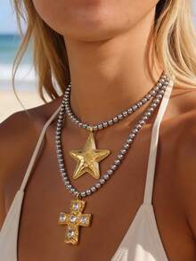 1 pieza Collar de acero de titanio con cuentas y estrella de cinco puntas para mujer, un regalo orgulloso adecuado para suministros de boda - Multicolor - Ver 4