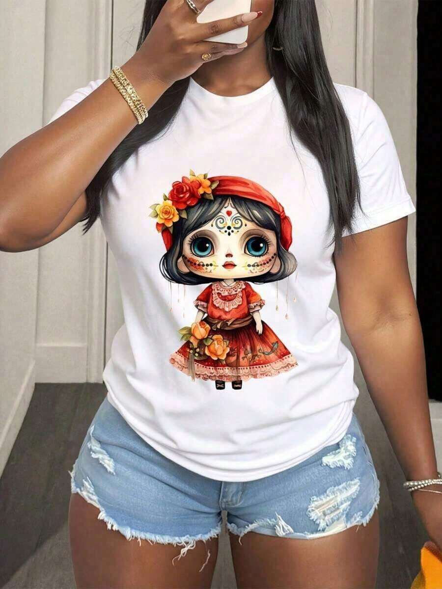 Catrina With Vibrant Flowers And Intricate Details That Evoke Festive Celebrations, Women's T-Shirt, 100% Soft And Comfortable Cotton, Perfect For A Casual And Joyful Look., Maija Curvy Women. - 白色 - 查看 1
