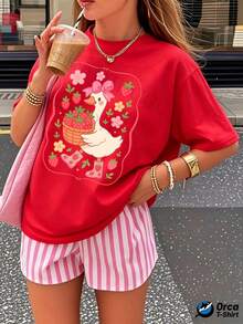 Fashionable And Personalized Y2K Women's T-Shirt, 180g Pure Cotton, Loose-Fitting Short-Sleeved Top, Stylish Urban Design, Casual And Breathable For Everyday Wear, Creative Print Summer Set, Perfect Gift For Outdoor Sports. Cute And Feminine Design Featuring A Pink Duck Holding A Basket Of Strawberries With Floral And Strawberry Motifs, Suitable For Spring And Summer Wear. - 紅色 - 查看 12