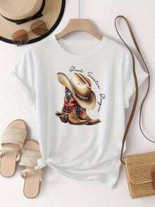 Playeras De Mujer Camiseta Estampada De Estilo Occidental Para Mujer |     DiseñO De Botas Y Sombrero De Mezclilla, Texto 'Mejor Temporada', Lavable A MáQuina, Uso Casual Para Todas Las Estaciones, Elegante Regalo Para Fiestas Y Vacaciones. - Blanco - Ver 4