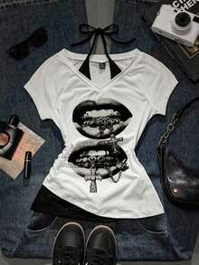 Camiseta de mujer casual de cuello en V retro, con atar, de manga corta y contraste de color, adecuada para el verano - Blanco 7 - Ver 3