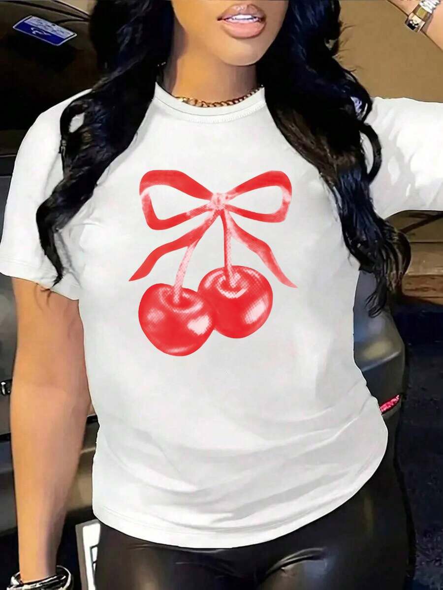 Women's Fitted White T-Shirt With Patriotic Ribbon And Cherry Print, Casual Chic Style. Casual Summer T-Shirt With Patriotic Graphic, Chic And Flattering Style For 4th Of July Parties. - YH571-白色 - 查看 1