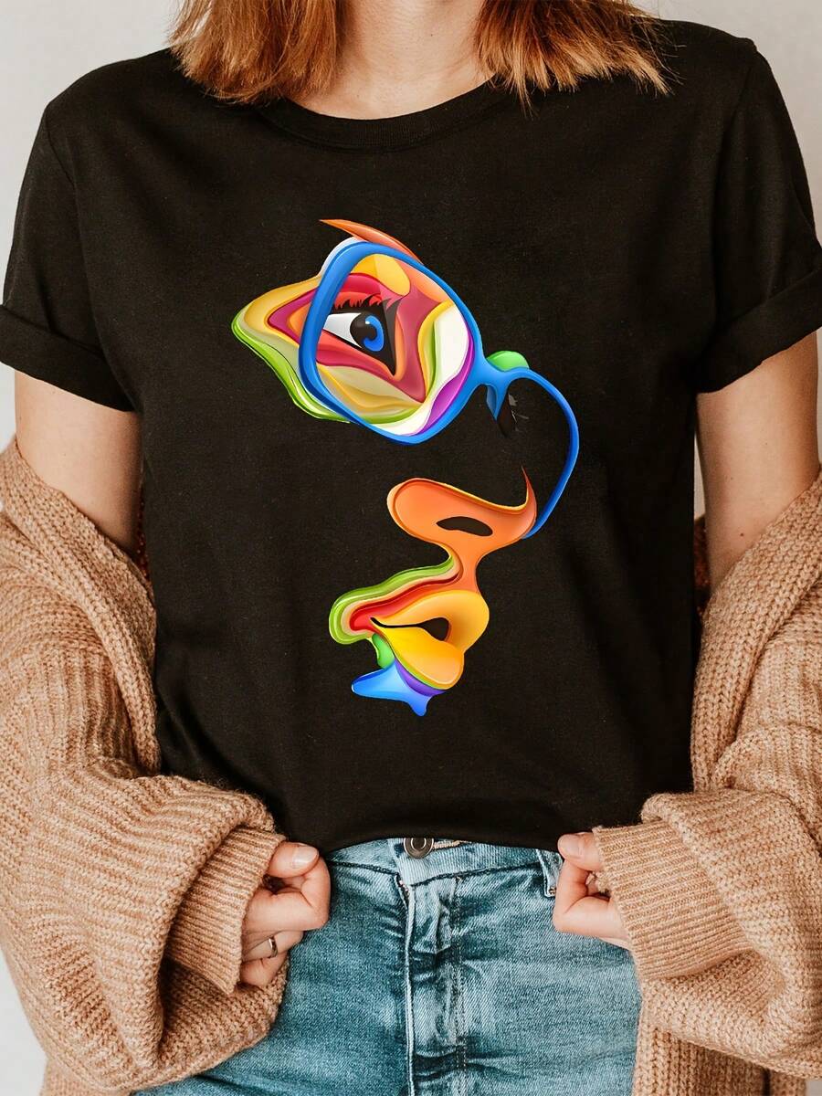 Top casual de manga corta con cuello redondo y estampado de cara de arte abstracto para verano y primavera, ropa de mujer - Negro - Ver 1