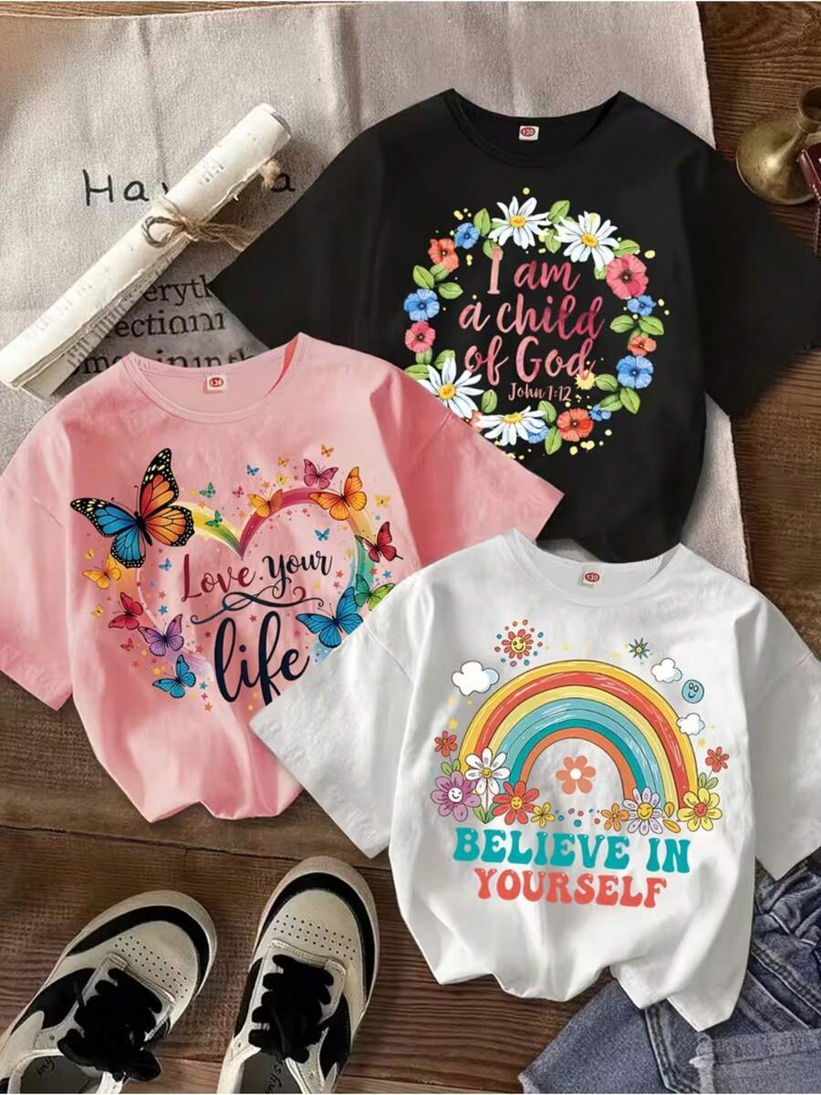 Nueva camiseta de moda para mujer, estampado inspirador de mariposas y arcoíris, cuello redondo, camiseta de talla grande, de algodón puro para verano, holgada y estilizadora, entrega local, top casual a la moda, estilo casual, cuello redondo, ligeramente elástica. - Blanco - Ver 1
