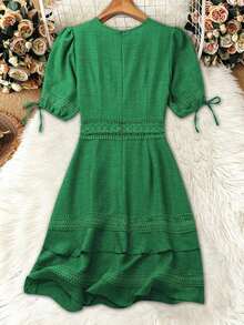 Clasi Vestido mini de manga abullonada con ribete de encaje de unicolor para mujer, para verano - Verde - Ver 2