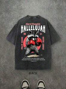Ropa de hombre; Camisetas de Verano, Camiseta Retro Lavada con Estampado a Doble Cara (Camiseta de 230g de Algodón Puro) con Estampado de Letras 'HARD FOUGHT HALLELUJAH' y Patrón de Boxeo, C - Blanco - Ver 8