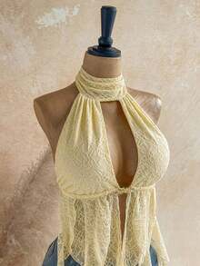 Blusa de mujer con encaje bordado, escote halter, espalda descubierta, tirantes con lazo, bajo fluido y elegante, adecuada para la playa, cruceros y resorts - Amarillo claro - Ver 3