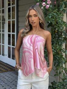 Blusa de mujer elegante con cuello de halter, estampado de tinte anudado y gasa para vacaciones en la playa - Multicolor 3 - Ver 9