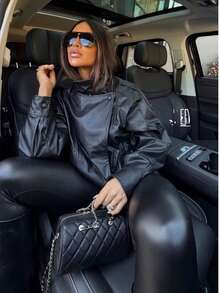 Women's Short Faux Leather Jacket, Modern And Elegant Style, For Winter - Black - View 2