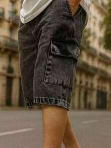 Spring And Summer Men's Cargo Shorts, Stonewashed Denim, Baggy Streetwear, Loose Casual With Large Pockets, Drawstring Waist, Sizes P To GG (S To XL) - Flint Stone - View 3
