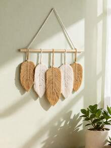 1 pieza Colgante de pared con hojas estilo bohemio, diseño de plumas de colores neutros, arte de pared de macramé, decoración del hogar de estilo bohemio moderno, 5 hojas en una vara de madera, estética vintage y natural, perfecto para la sala de estar, dormitorio, oficina, entrada, agrega un ambiente acogedor a interiores bohemios y minimalistas. - A - Ver 8