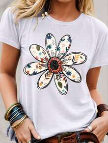 1 Piece, Three Pack Women's Short Sleeve Crew Neck T-Shirts, Vintage Casual Sporty Style, With Heart And Flower Print, 180g, 100% Cotton, Designs Are Printed. Unisex. - 白色 - 查看 2