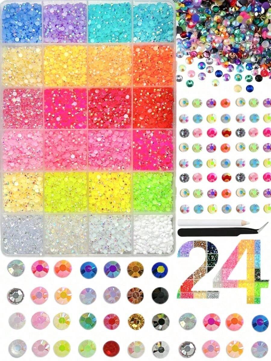 1 Box 24 Colors Resin Rhinestone Nail Art Decorations, Y2K Style Flat Diamond Decor, Includes Tweezers And Pen, Suitable For Manicure, Cup Decoration And DIY Crafts - Multicolor - View 1
