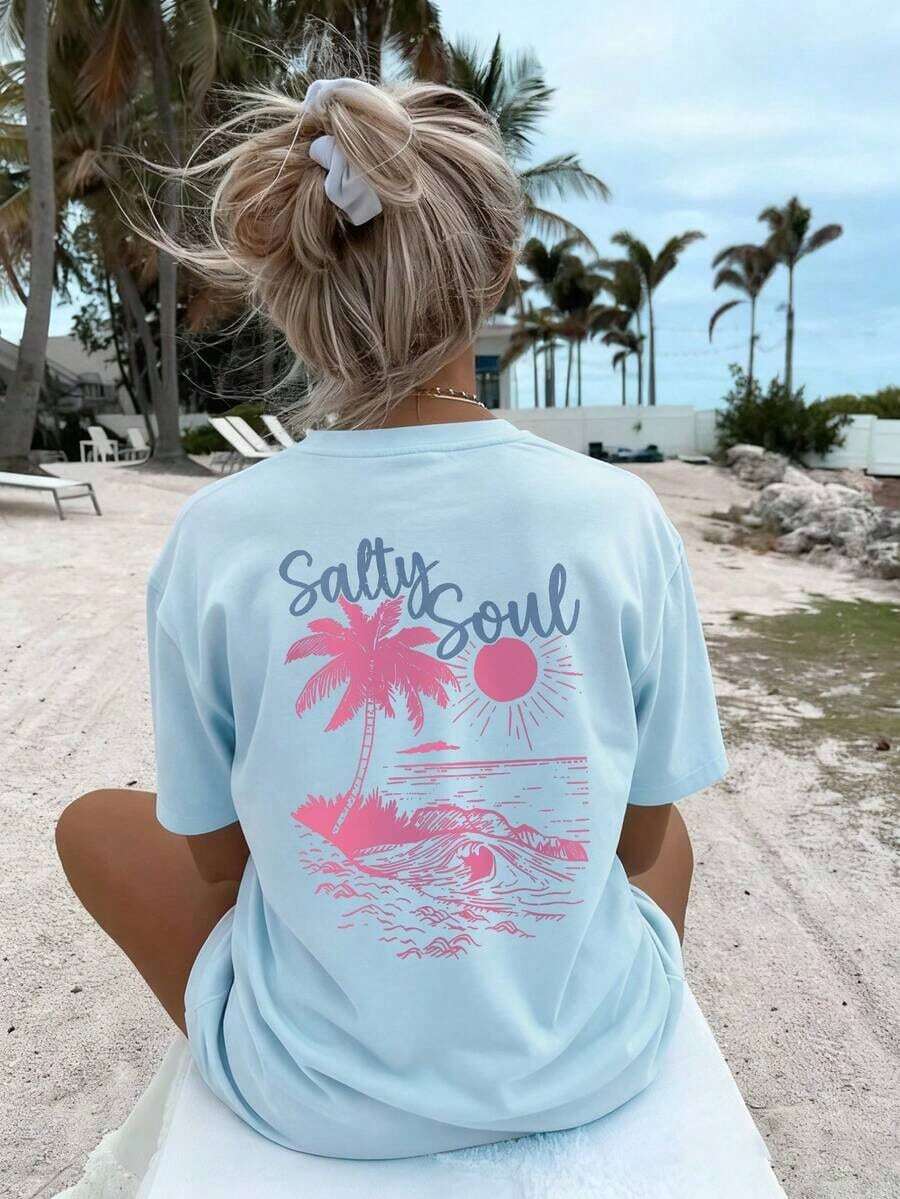 SALTY SOUL Women's Short Sleeve Crew Neck T-Shirt With Coconut And Sun Print, New Spring/Summer Collection, Versatile And Fashionable, Essential For Everyday Wear And Holidays. Women's Holiday Print T-Shirt - 淺藍色 - 查看 1
