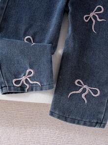 2pcs Baby Girl Cute Bowknot Pink Short Sleeve T-Shirt Top And Bow Decor Embroidered Denim Bib Overalls Pants Set - Pink - View 6