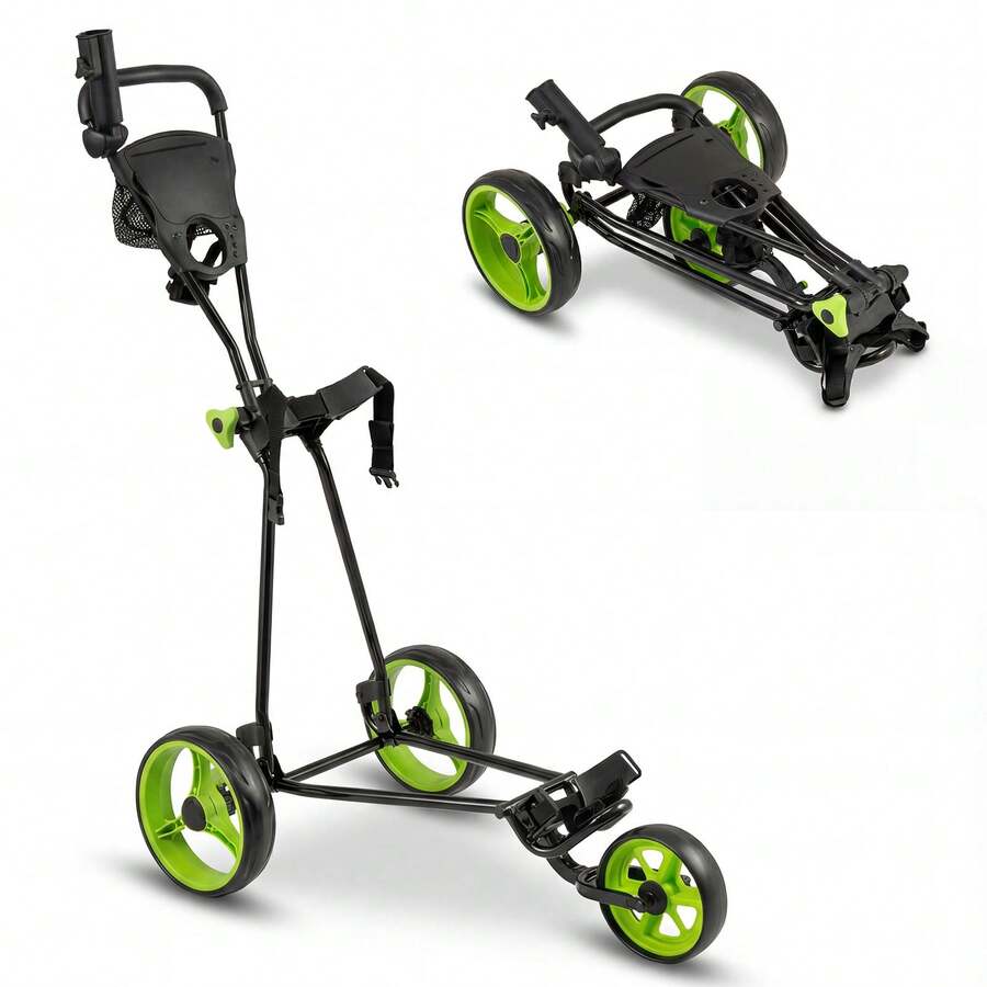 GOFLAME Folding Golf Pull Trolley 3-Wheel Golf Push Cart With Scoreboard Storage Net Umbrella & Cup Holder - Green - View 1