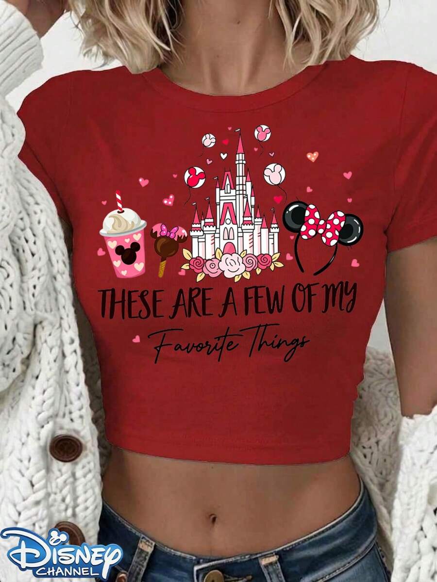 Authentic Disney: Featuring A Brand-New Design With Disney Castle And Mickey Mouse Motifs-Complete With Balloons And Minnie Mouse Ear Headbands-This Women's Casual T-Shirt Showcases The Printed Slogan "These Are A Few Of My Favorite Things." Crafted From Polyester, This Slim-Fit, Cropped, And Crew-Neck Top Serves As A Summer Wardrobe Staple That Is Versatile Enough For Everyday Wear And Outings. Offering A Comfortable, Relaxed Fit, It Makes An Ideal And Perfect Gift Choice For Her. Machine Washable. (Tags: Holiday Outfits For Women, Festival Outfits, Linen Shirt, White Top) - Red - View 1