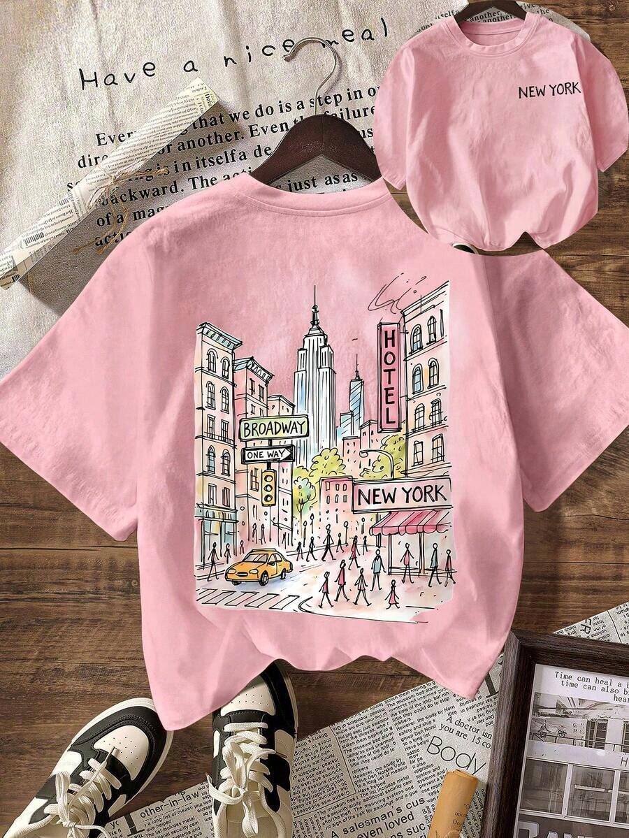 New York City Graphic T-Shirt, Women's Casual Crew Neck Short Sleeve T-Shirt, Summer Vacation Set - 羅莎 - 查看 1