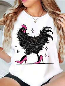 1 pieza Camiseta Gráfica de Pollo con Tacones Rosados para Mujer, Camiseta de Moda con Estampado Divertido de Animales, Ropa Casual para Atuendos Diarios, 180g Algodón 100% - Blanco - Ver 1