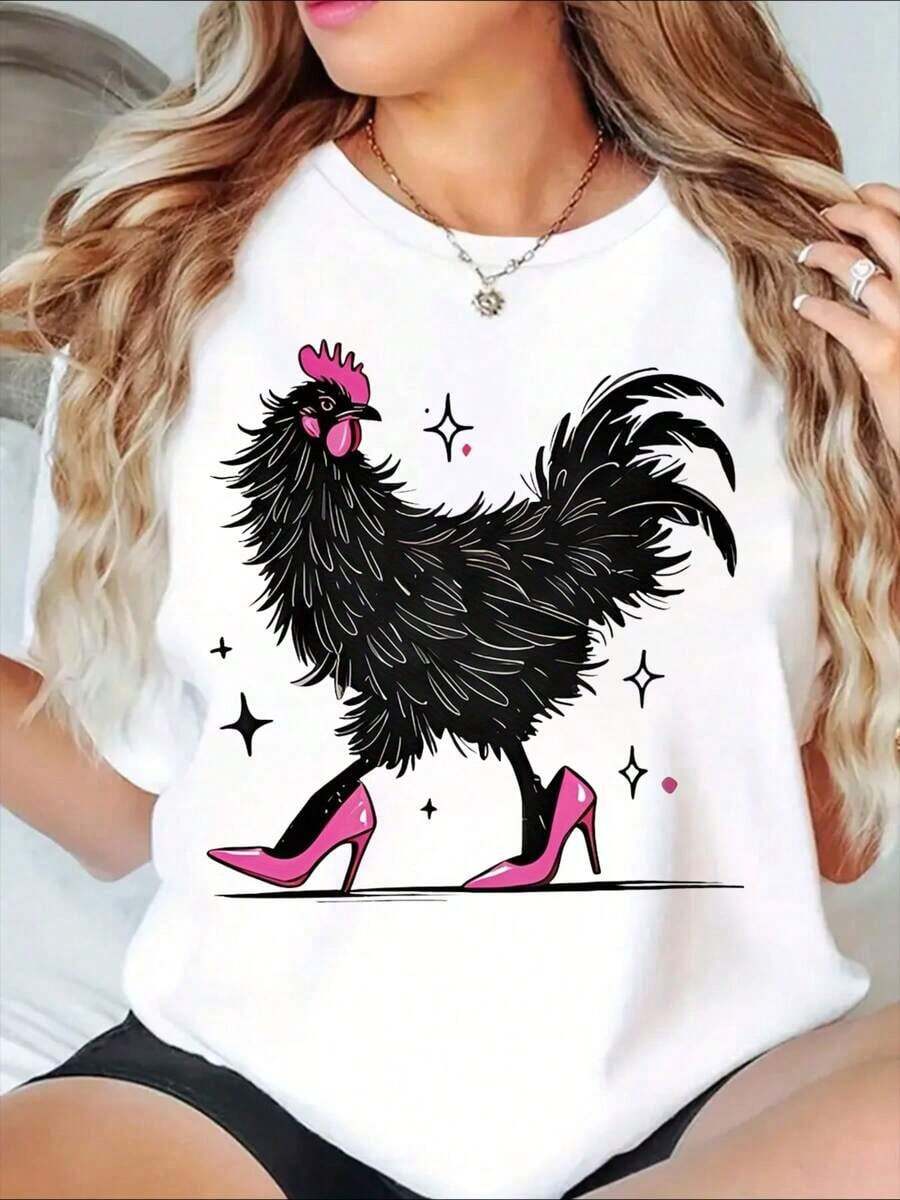1 pieza Camiseta Gráfica de Pollo con Tacones Rosados para Mujer, Camiseta de Moda con Estampado Divertido de Animales, Ropa Casual para Atuendos Diarios, 180g Algodón 100% - Blanco - Ver 1