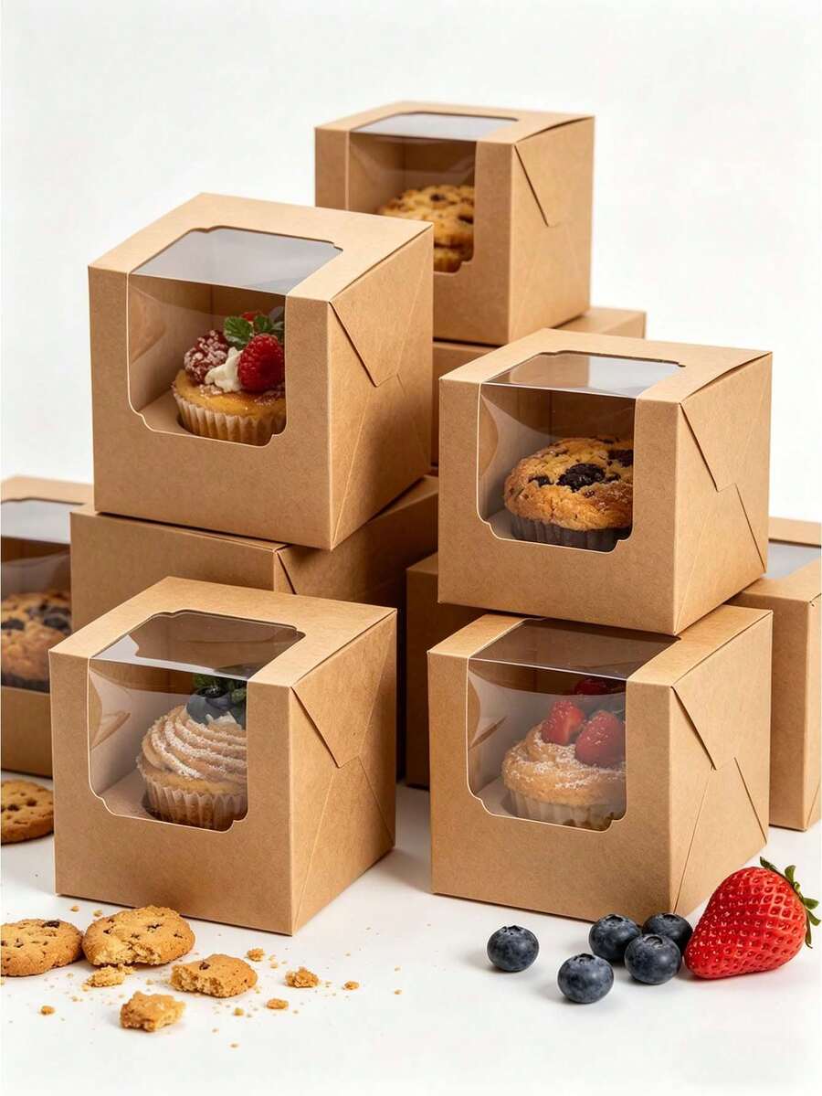 5pcs/20pcs/50pcs Window Bread Box, Pastry Box, New Large Square Cake Box, Small Kraft Paper Cupcake Box, Suitable For Cookies, Macarons, Mini Snacks, Suitable For Holidays, Parties, Paper Cup Cake Box, Birthday Gift Packaging - Multicolor - View 1