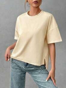 Camiseta holgada de estilo minimalista casual para mujer, con parte delantera corta y parte trasera larga, versátil para usar en la calle, adecuada para primavera y verano - Albaricoque - Ver 7