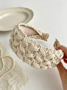 1pc Handmade Braided Cream-White Wide Headband, Minimalist Versatile Outdoor High Crown Hair Hoop - Multicolor - View 8