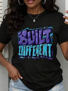 Camiseta de Cuello Redondo para Mujer con Estampado Gráfico Diferente, Manga Corta, Ropa Casual para Estilo Urbano Diario - Negro - Ver 1