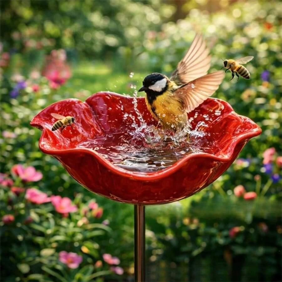 手工金屬花園裝飾插樁,附蜜蜂浴盆與鳥類飲水碗,戶外裝飾藝術,為授粉昆蟲提供水源站 - 餵水器 - 查看 1