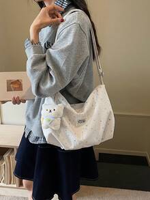 新款个性化星形印花单肩包,大容量时尚休闲日常通勤手提包,女士款 - 白色 - 查看 6