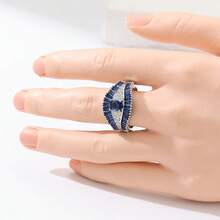 Luxury Retro Wide Band Ring, Blue & White Synthetic Cubic Zirconia Inlaid, Couple's Versatile Design, Suitable For Daily, Holiday, Party Wear - Silver - View 6