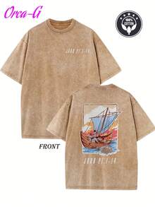 Washed - [Orca Coatings]Camiseta Vintage de 250g para Hombre - Diseño de Pesca según la Biblia, Juan 1:14 - Corte Holgado, Hombros Caídos - Efecto Algodón Lavado Beige/Marrón - Estilo Urbano Esencial para Uso Diario y Eventos - Lavable a Máquina, Estilo Hippie, Cuello Acanalado - marrón café - Ver 7