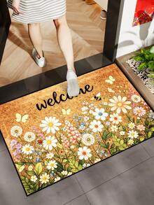 1pc White Flower Green Leaf Bee Welcome Pattern Door Mat, Pastoral Style Machine Washable Polyester Fiber Mat, Suitable For Living Room, Kitchen, Bedroom, Entrance, Home Decor, Room Decor, All Seasons - 1PC - View 3