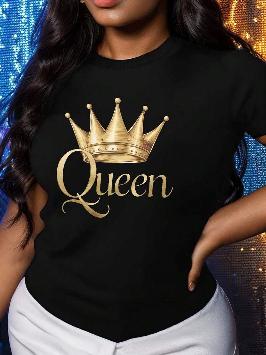 Black T-Shirt With Gold Queen Crown Print - Simple Casual Style - 100% Pure Cotton - Soft And Comfortable, Crew Neck, Short Sleeve, Urban Fashion Top For All Seasons, Casual Streetwear | Y2k Crew Neck T-Shirt - 黑色 - 查看 1