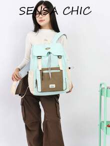 Mochila casual de bloques de color, bolsa escolar con solapa de cordón para adolescentes y mujeres, ligera y duradera, disponible en múltiples colores ideal para la escuela, viajes de fin de semana, recados y actividades al aire libre, compartimentos espaciosos para libros, portátiles y artículos esenciales, panel trasero transpirable y correas ajustables para mayor comodidad - Multicolor - Ver 14
