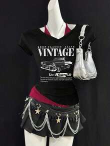 Camiseta de mujer casual de cuello en V retro, con atar, de manga corta y contraste de color, adecuada para el verano - Negro - Ver 8