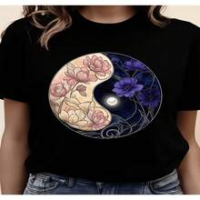 Women's Sexy Casual Black Cotton T-Shirt with Floral Yin Yang Print, Short Sleeve Round Neck Regular Fit Top for Everyday Wear - Negro - Ver 1